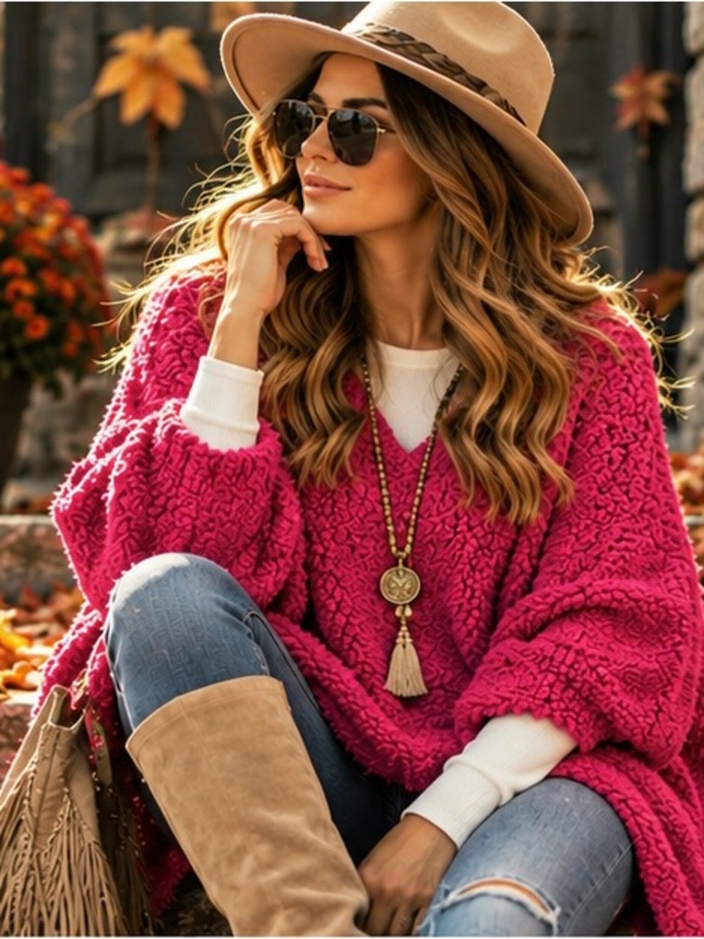 Made in Italy Boutique Oversized Relaxed Bouclé Chunky Knit Sweater in Hot Pink